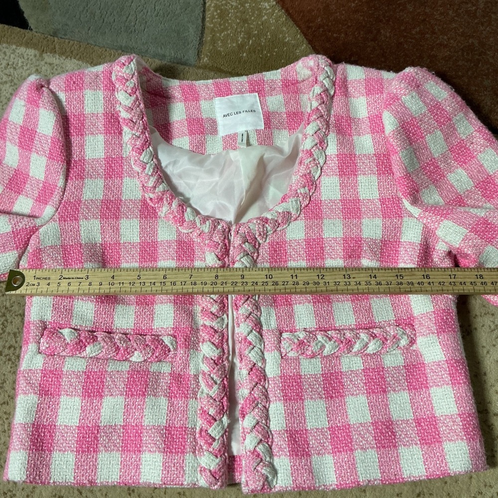 Avec Les Filles Coquette Gingham Tweed Cropped Blazer Women S Pink Plaid Braided - Picture 3 of 6